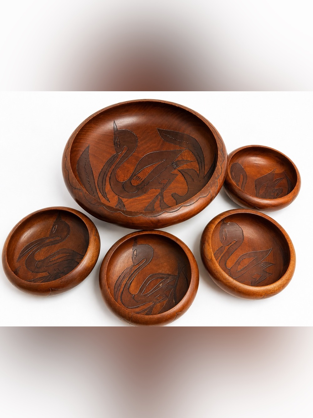 Mid-Century Modern 5-Piece Hand-Carved Mahogany Serving Set Salad Stunning Vtg